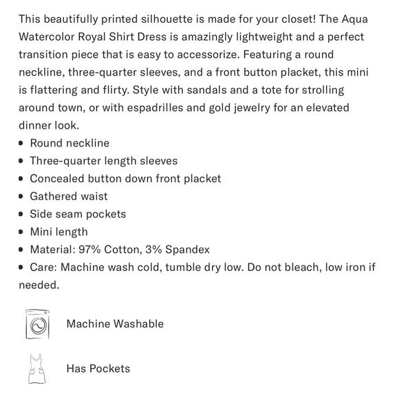 Tuckernuck Aqua Watercolor Royal Shirt Dress
NWT Size XS - Picture 9 of 11